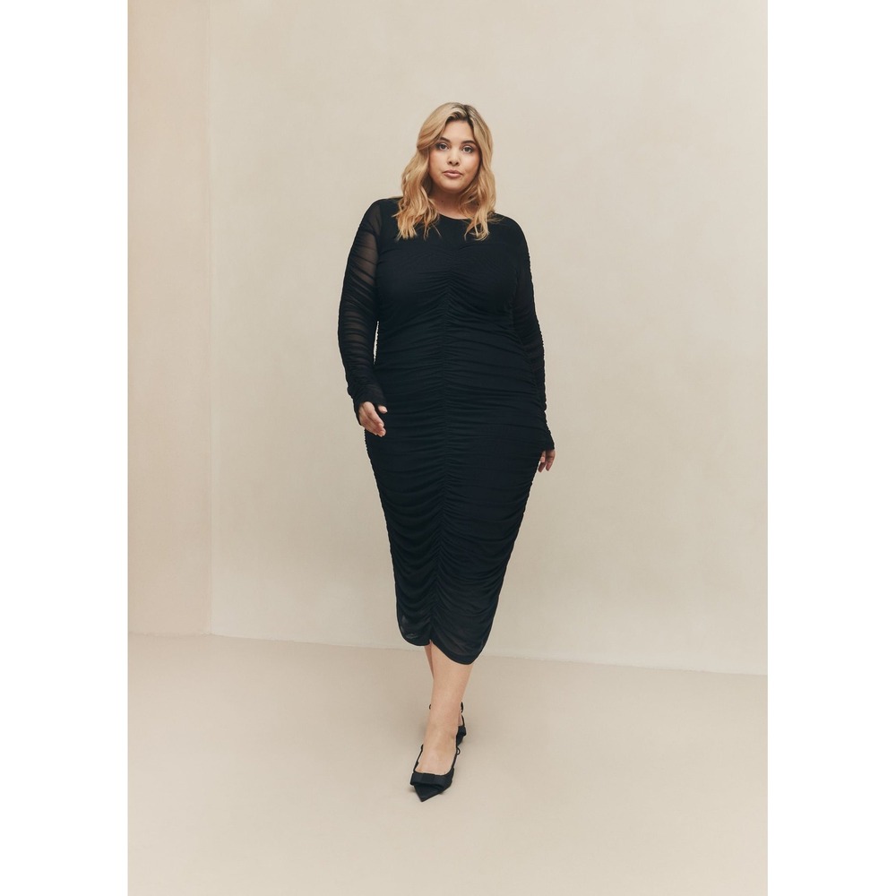 NWT Hilary MacMillan Black Ruched Mesh Long Sleeve Midi Dress Plus Size 3X Fun